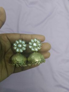 Elegant Gold Jhumka Earrings with White Stones🤩