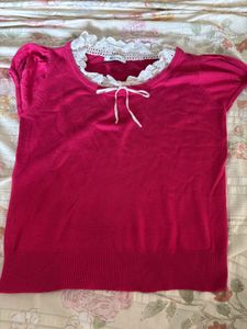 Pink Short Sleeve Top with Lace Trim