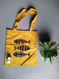 ellow Tote Bag with Fish Print (PURE HANDMADE 🤌�