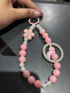 Pink Bunny Pearl Beaded Keychain - Cute Flower Cha