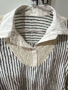 Striped Lace Trim Button-Up Top