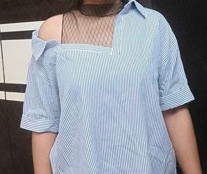 Chic Blue Striped Mesh Top