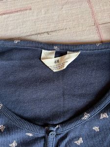 Navy Blue Butterfly Print Button-Up Top