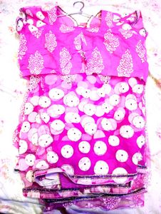 Pink Saree Set With Stitched Blouse And Peticoa
