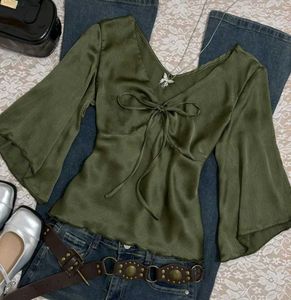 Olive Green Bell Sleeve Tie-Front Top