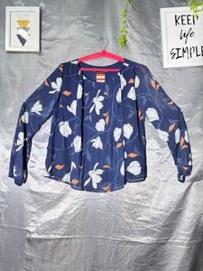 Navy Floral Print Pleated Blouse