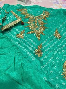 Green Bandhani Kurta Set with Golden Embroidery