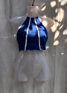 411110. Blue &amp; White Striped Halter Crop Top