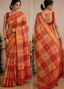 Elegant Red & Yellow Checkered Saree