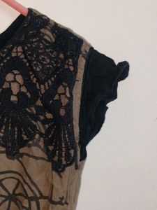 Brown Kurta with Black Lace &amp; Bicycle Print
