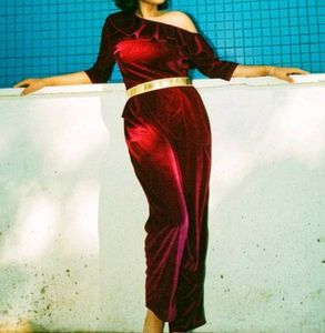 Velvet One-Shoulder Ruffle Jumpsuit Dress