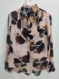 Sheer Floral Print Button-Up Blouse