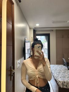 Beige Ruched Long Sleeve Crop Top