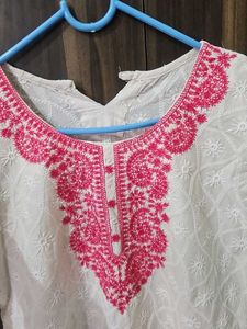 Elegant White Kurta with Pink Embroidery