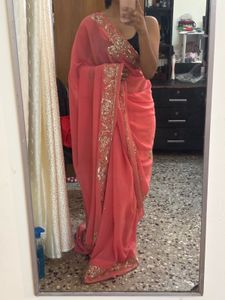 Y2K Beautiful Coral Saree with Embellishments
