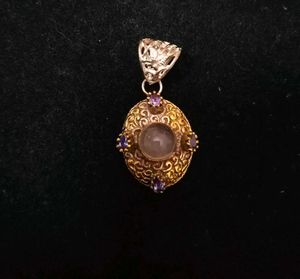 Gold Tone &amp; Rose Quartz Stone Victorian Pendent