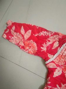 Red Floral Kurta with Embellished Neckline