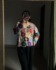 Multicoloured Floral Hand-Knit Crochet Cardigan