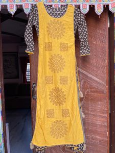 Mustard Yellow Two Layer Up And Down Kurti With Beautiful Katha Embroidery