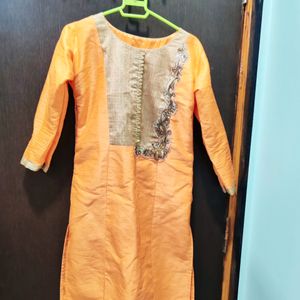 Orange Ethnic Suit Set With Pink Dupatta