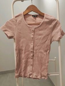Pink Ribbed Button-Up Top