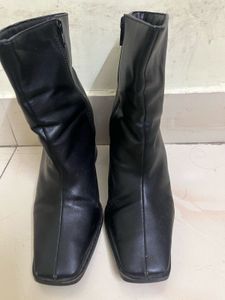 Black Faux Leather Square Toe Boots