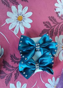 Teal Satin Bow Hair Clips with Pearls