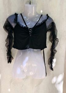 31279. Chic Black Mesh Off-Shoulder Crop Top