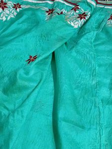 Beautiful Teal Saree with Floral Embroidery