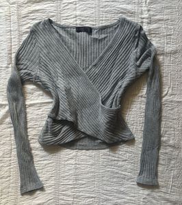 Grey Ribbed Wrap Long Sleeve Top