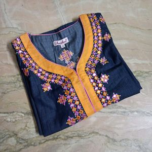Denim Embroidered Kurta