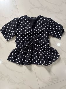 Black Polka Dot Ruched Peplum Top