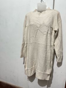 Cream Ribbed Knit Sweater Tunic