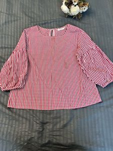 Korean Red Gingham Puff Sleeve Top