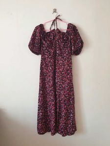 Floral Midi Dress - Puff Sleeves & Tie Back