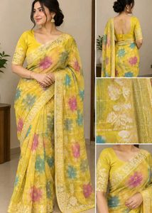 Vibrant Yellow Saree with Floral Print