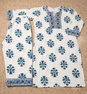 White Kurta Set with Blue Floral Print