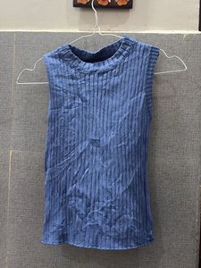 Blue Ribbed Sleeveless Mock Neck Top