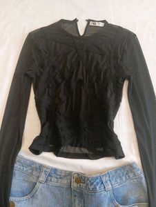 Zara Black Mesh Corset-Style Top