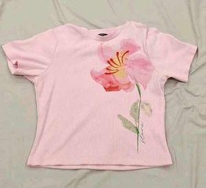 Pink Ribbed T-Shirt with Floral Print