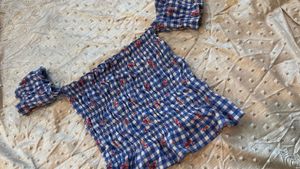 Blue Gingham Smocked Off-Shoulder Top