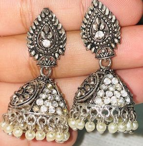 Antique Silver Jhumka Earrings with Pearls💖