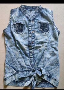 Acid Wash Denim Tie-Front Top