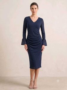Elegant Navy Blue Ruched Midi Dress