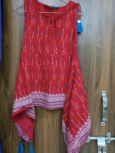 Red Printed Short kurti with Tassel Detail