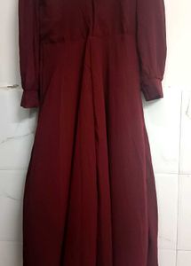 Maroon Pleated V-Neck Dress