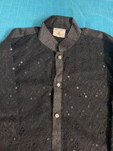 Elegantzed Black raw silk Sequined Kurta with whi