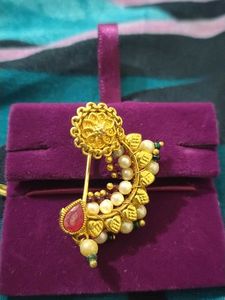 Traditional Gold Nose Pin with Pearls & Ruby