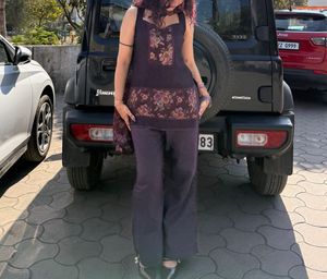 stitched purple floral kurta and bell bottom set