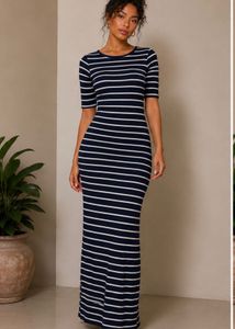 Classic Navy & White Striped Midi Dress